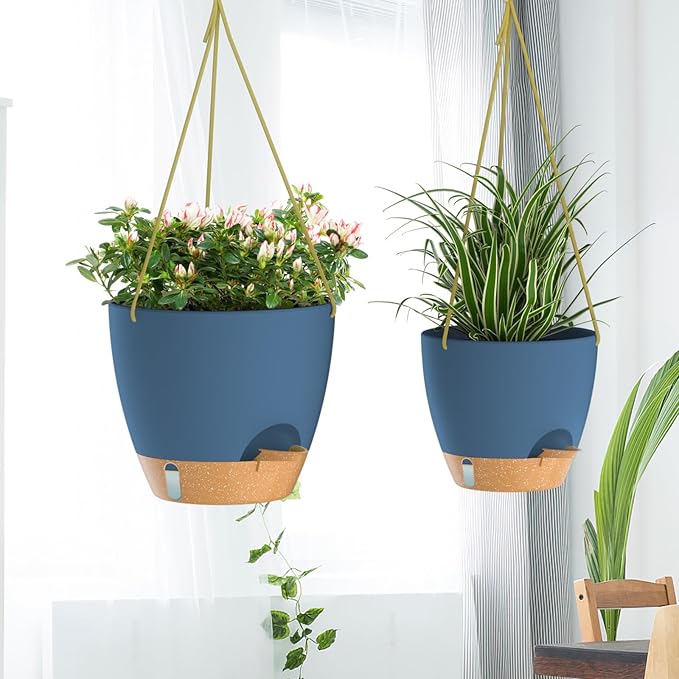 ZMTECH 10 Inch Hanging Planters for Indoor Plants & Outdoor - 2 Pack Self-Watering Hanging Pots with Drainage Holes, Visual Reservoir, Plastic Hanging Baskets Flower Pots with Removable Saucer, Blue