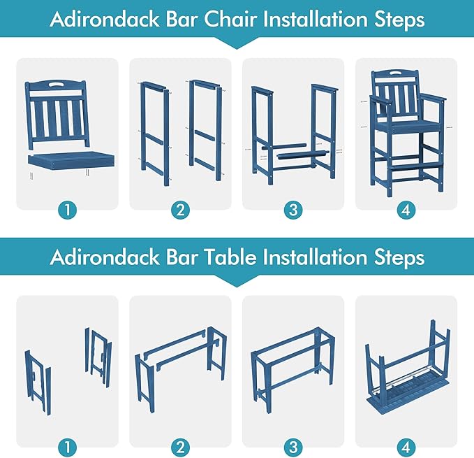 Ciokea 3 Pcs Outdoor Bar Height Table Set, 60" Extra Long Rectangle High Top Table and 2 Oversized Adirondack Chairs, Heavy-Duty All-Weather HDPE Patio Bar Set for Backyard Balcony Deck, Navy Blue