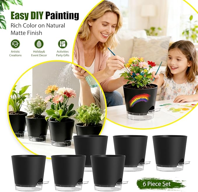 Plant Pots 7 Inch Self Watering Pots, 6 Pack Plastic Planters with Drainage Holes and Clear Saucers,Plastic Flower Pots for Indoor Out Door Plants (Black)