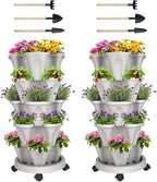 GameXcel Vertical Planter 5 Tier Stackable Planters Garden Planters Strawberry Herb Flower and Vegetable Planter Indoor Outdoor Gardening Pots with Removable Wheels and Tools 2-Pack