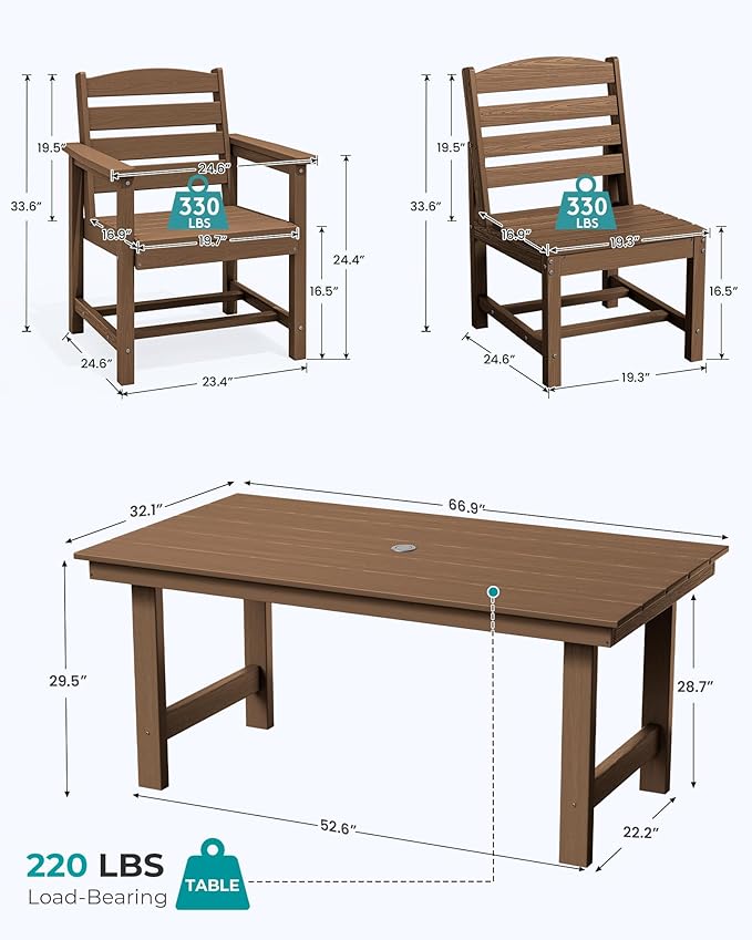 SERWALL Patio Dining Sets for 6 Person, HDPE Dining Set with 6 Armless Chairs, Brown