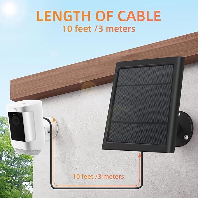 USB-C to Ring Barrel Plug 8Pack 4W Solar Charger for Ringing Spotlight & Stick Up Outdoor Cam, Black, High Efficiency, 10FT/3M Long Cable with IP65 dustproof and Waterproof