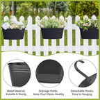 Dahey 10.5 Inch Metal Iron Hanging Flower Pots for Railing Fence Hanging Bucket Pots Countryside Style Window Flower Plant Holder with Detachable Hooks Home Decor,Black,3 Pcs