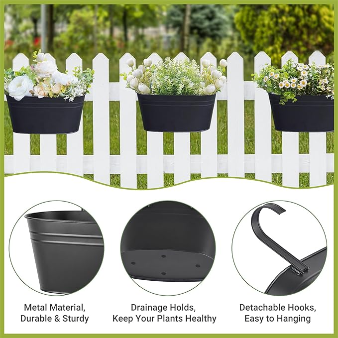 Dahey 10.5 Inch Metal Iron Hanging Flower Pots for Railing Fence Hanging Bucket Pots Countryside Style Window Flower Plant Holder with Detachable Hooks Home Decor,Black,3 Pcs