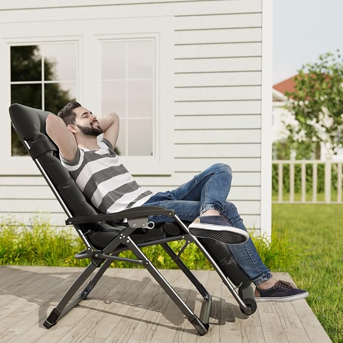 UDPATIO Oversized Zero Gravity Chair Set of 2, 29In XL Patio Reclining Chair with Cushion, Outdoor Folding Recliner with Pillows|Cup Holder|Foot Rest|Padded Headrest, Black, Support 500LB