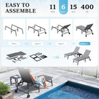 UDPATIO Outdoor Lounge Chairs Set of 2 with Side Table Poolside Chaise Lounge Chair with Wheels 5-Position Backrest Reclining Rust Free for Patio Deck