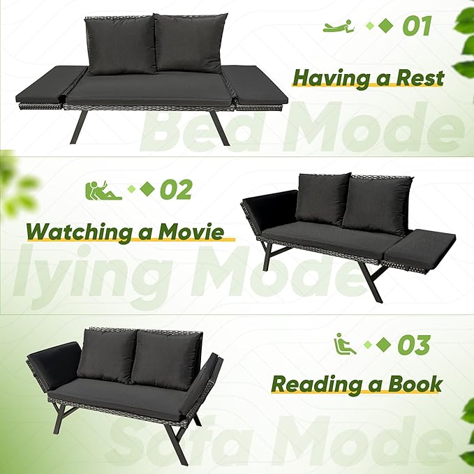 Greesum Outdoor Sofa, Woven Rattan Patio Furniture, Convertible Daybed or Double Chair with Adjustable Armrests, Cushions and Pillows for Yard, Porch, Pool, Black Lounger & Black Pillowcase