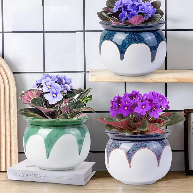 African Violet Pots, 6 inch Ceramic Easy Self Watering Plant Pot for Busy Plant Lovers, Automatically Absorb Appropriate Amount of Water, Flower Pot Indoor-Plants Not Included(Blue)