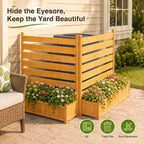 wood ac privacy fence with planter, 2 panels shown in use