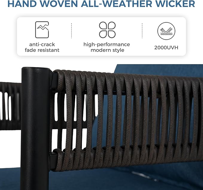 Grand patio Outdoor Dining Set for 6, 7 PCS Patio Table and Chairs Set, Metal Woven Wicker Fixed Patio Chairs with Thickened Cushions & 1 Rectangular Woodgrain Dining Table with Umbrella Hole (Brown)