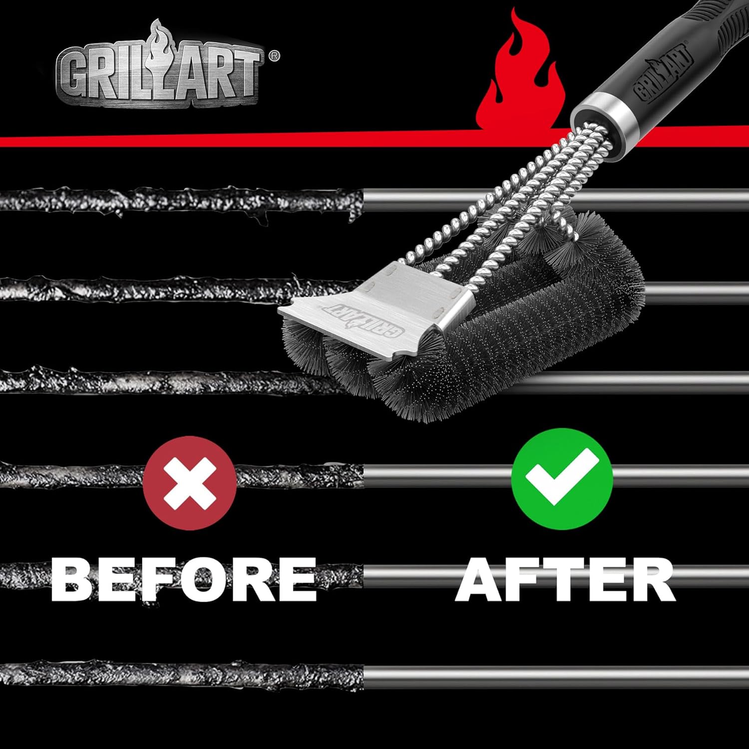 GRILLART Grill Brush, 18'' Extra-Strong Handle, BBQ Cleaner with Scraper | Remove Tough Grime, Triple Safe Wire Bristle Scrubbers, for Gas, Charcoal & Smoker, Steel Grates, 360°Wizard Cleaning