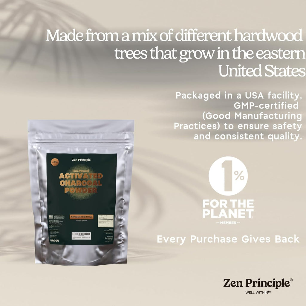 zen principle hardwood activated charcoal powder 100 percent, side view