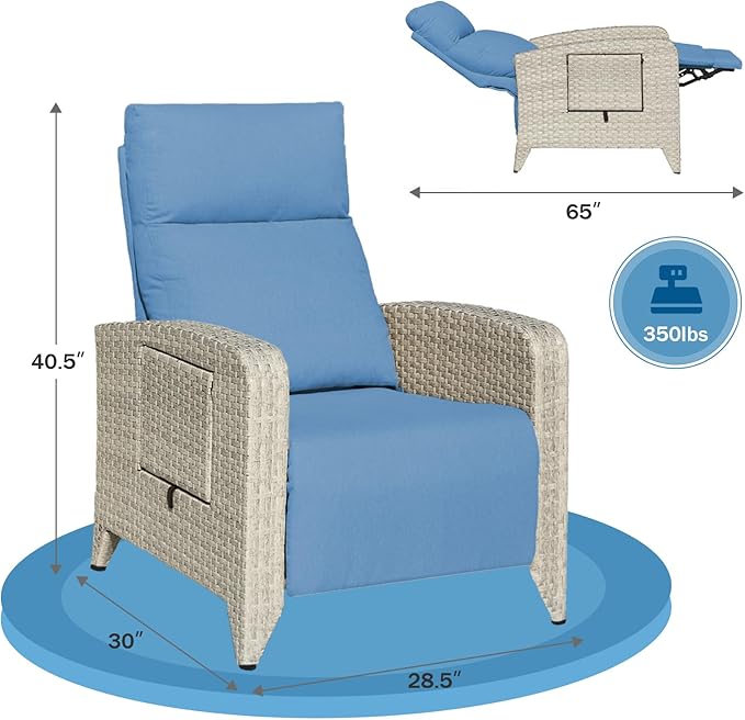 Outdoor Recliner Chairs Set of 2, Reclining Patio Chairs with Adjustable Back up to 150°Lay Flat and Extended Footrest, Wicker Recliner Chairs with Flip Table and Removable Olefin Cushion