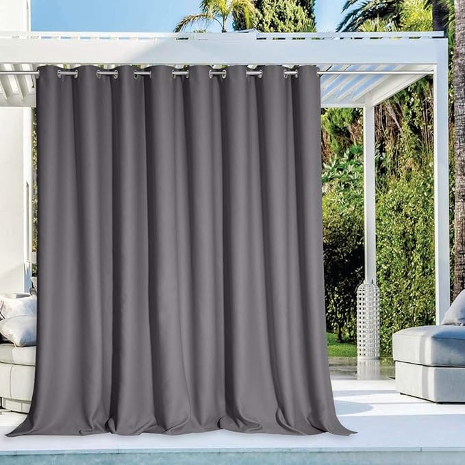 NICETOWN Patio Outdoor Curtain 120" Extra Wide Waterproof for Porch, Grommet Vertical Blinds Thermal Insulated Blackout Divider Drape for Outside Balcony/Lounge, Grey, 1 Panel, 95" Long