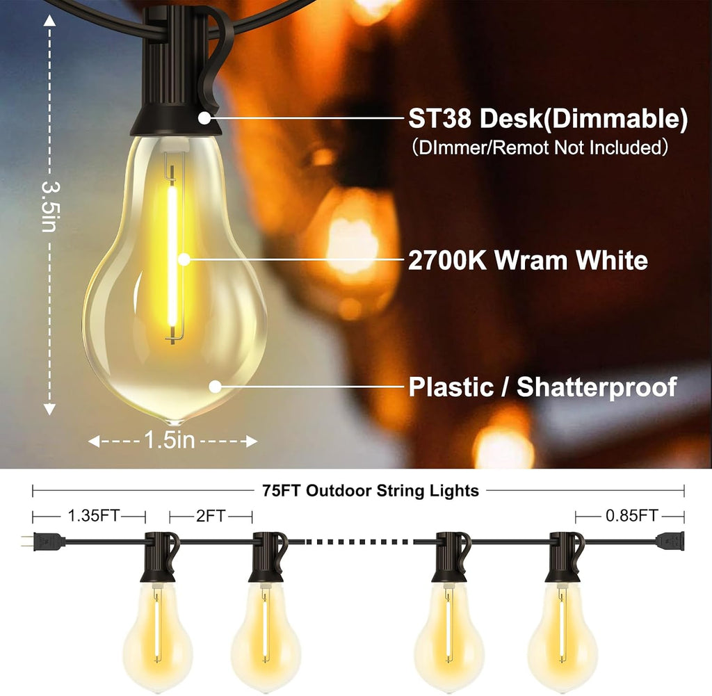 75FT Outdoor String Lights with 35 Bulbs(2FT Spacing), 3 Spare Bulbs | 2FT Bulb Spacing, IP65 Waterproof, Commercial, Perfect for Patio, Porch, Backyard