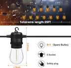 LED Outdoor String Lights 25FT with 9 Shatterproof S14 Bulbs, Waterproof for Porch, Deck, Garden, Balcony, Dimmable 2700K