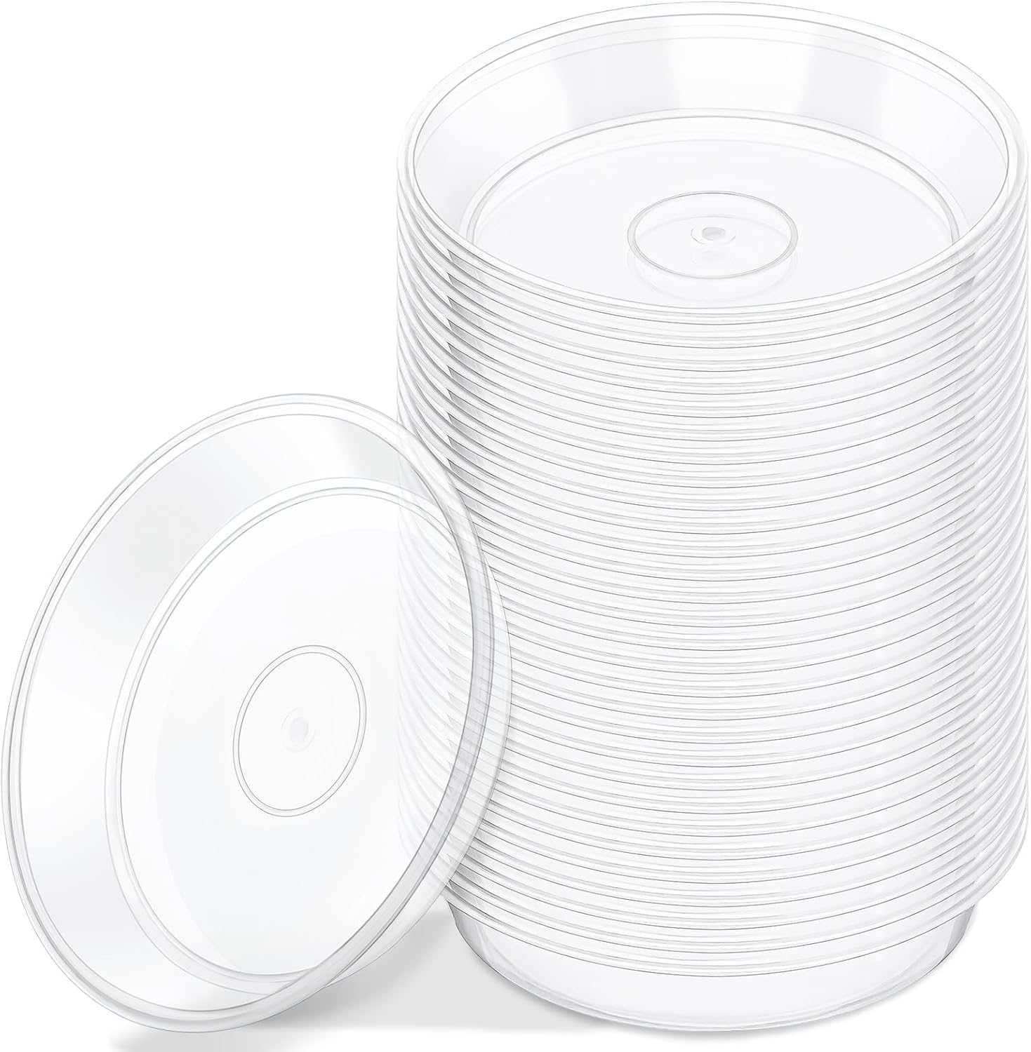 GREANER Plant Saucers for Indoors, 30 Packs Durable Plastic Plant Trays for Pots, Clear Plastic Flower Plant Pot Saucer for Indoor Outdoor Garden（4 Inch