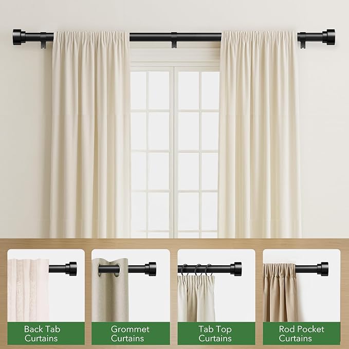 2 Pack Black Curtain Rods for Windows 48 to 84, 1 Inch Adjustable Heavy Duty Long Window Curtain Rod with End Caps, Modern Indoor Outdoor Drapery Rods for Patio Bedroom, Size 32" - 90"