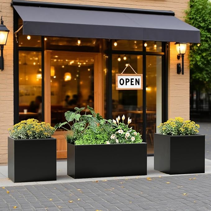Metal Large Planter Box 15" W x 38" L x 16.25" H, Heavy Duty Tall Rectangle Outdoor Planter Box with Removable Insert Shelves for Porch, Garden, Patio, Yard (Black)