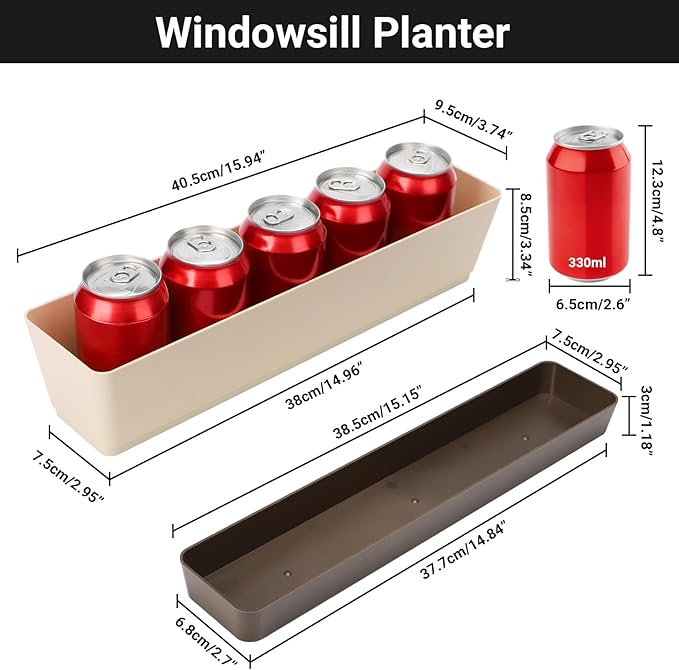 Suream Window Box Herb Planters, 3 Pack 16 x3.8 Inch Indoor Rectangle Succulent Cactus Plant Pots with Saucer, Modern Plastic Flower Container for Windowsill, Garden Balcony, Home Office Outdoor Decor