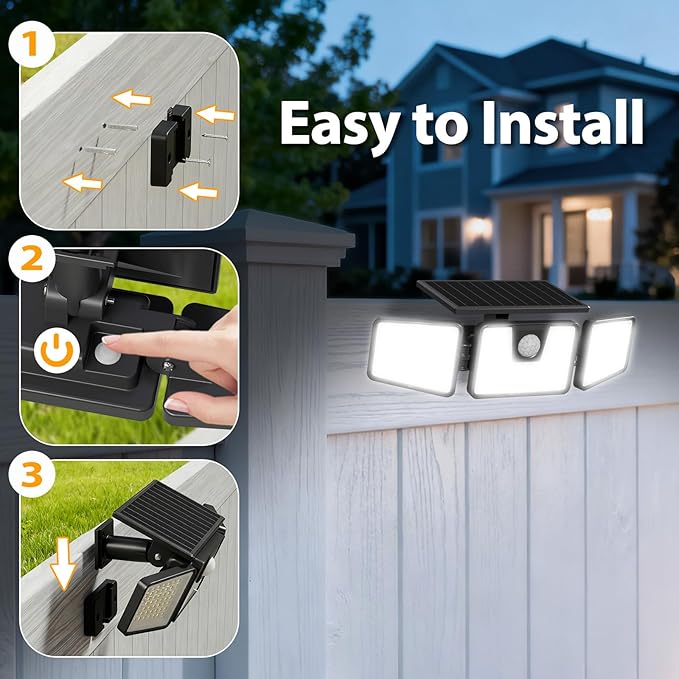 INCX Solar Motion Sensor Lights Outdoor, 3 Heads Security Lights Solar Powered, 156 LED Flood Light Motion Detected Spotlight for Patio Yard Garage Entryways, IP65 Waterproof 1 Pack