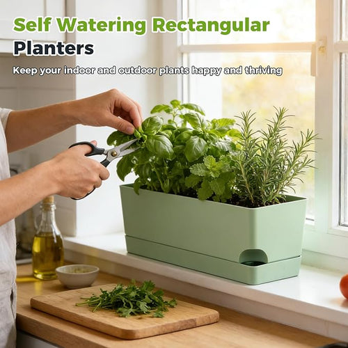 4 Pack Self Watering Pots for Indoor Plants 17 Inches Window Boxes Planters Rectangular Flower Pots Rectangle Herb Pots Large Plant Pots with Drainage Holes and Saucers Windowsill Planter, Green