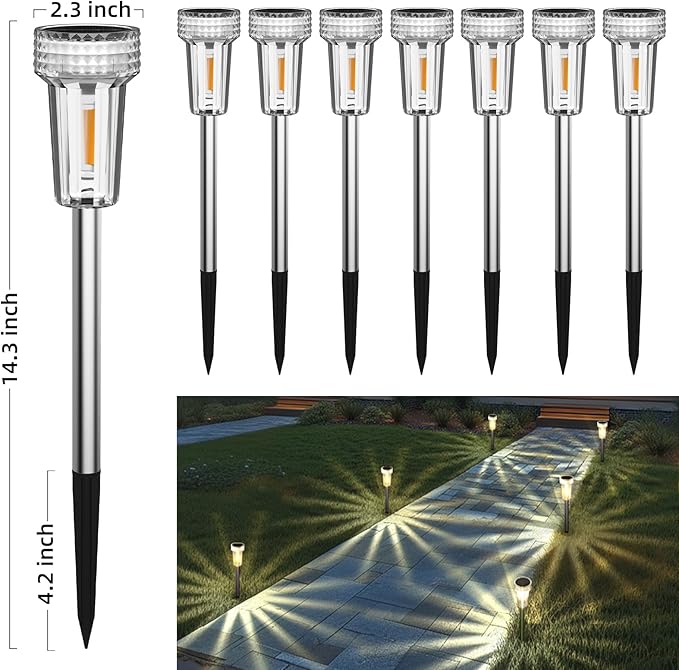 DERAYSION Solar Lights Outdoor, 8 Pack Solar Pathway Lights Waterproof Garden Lighting,Stainless Steel Pole Auto Dusk-to-Dawn Starburst for Path, Yard, Walkway, Driveway, Landscape(2700K Warm White)