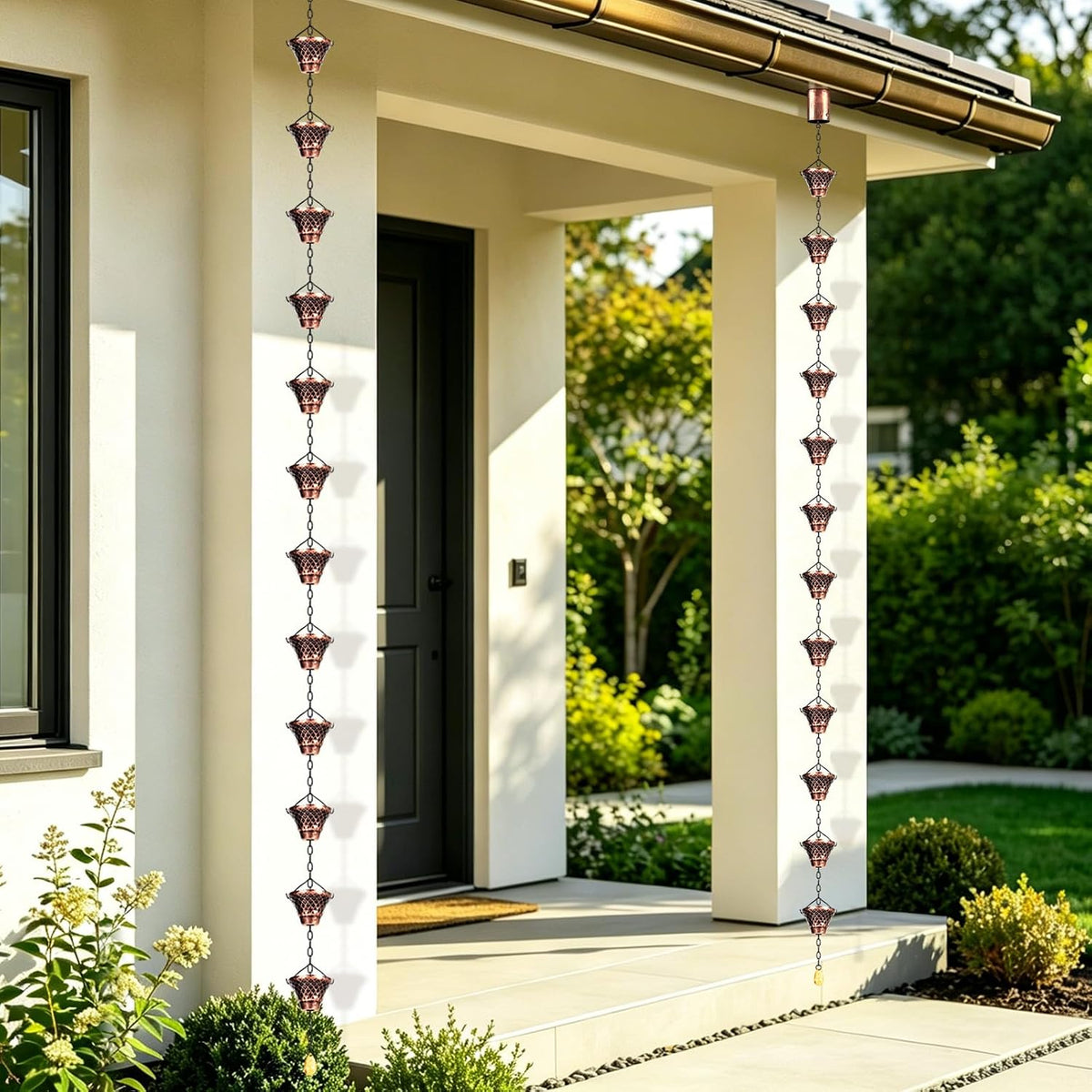 rain chains for gutters outside copper with adapter, front angle view