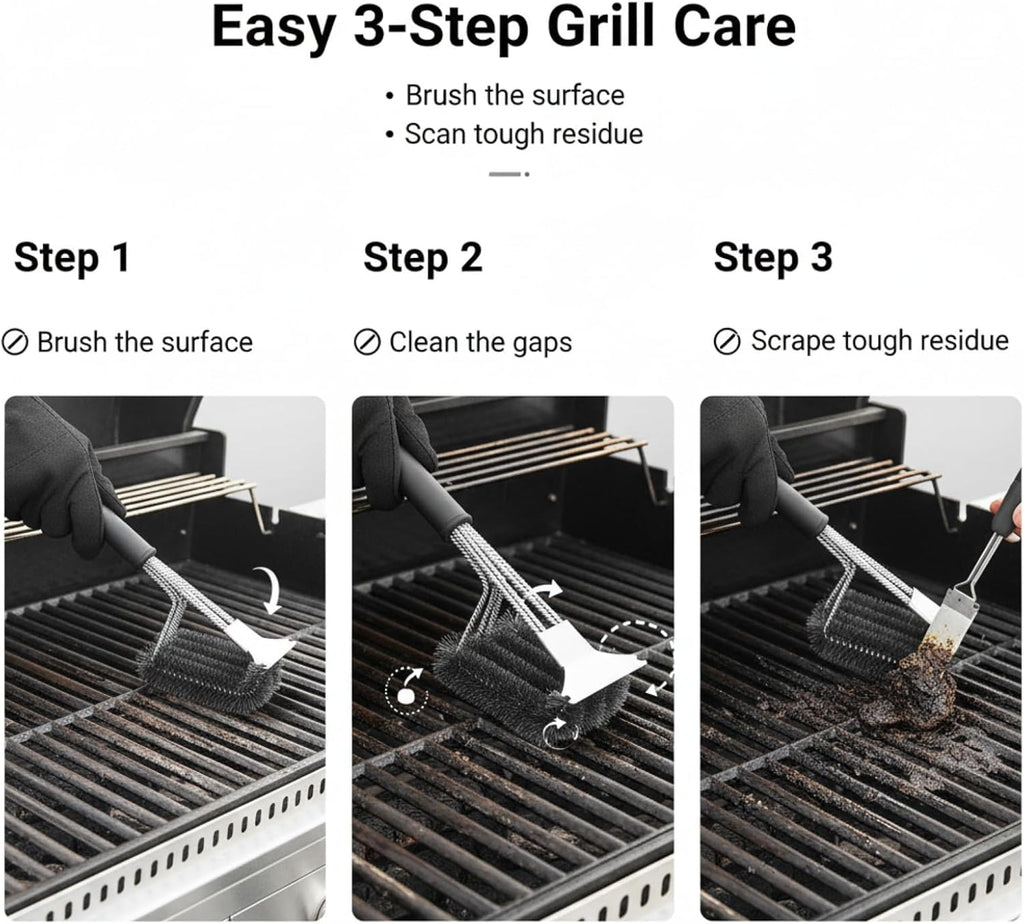 Grill Brush with Scraper, 18" Handle BBQ Accessories for Outdoor Grill, Safe Wire Scrubber, Universal Fit BBQ Cleaner for All Grates