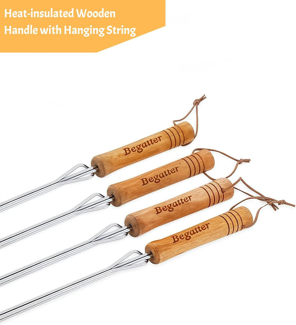 Begatter Smores Sticks, Marshmallow Sticks for Fire Pit, 30" Long Extendable Heavy Duty Roasting Sticks for Hot Dogs Vegetables S'mores over Campfire, 4 Pack