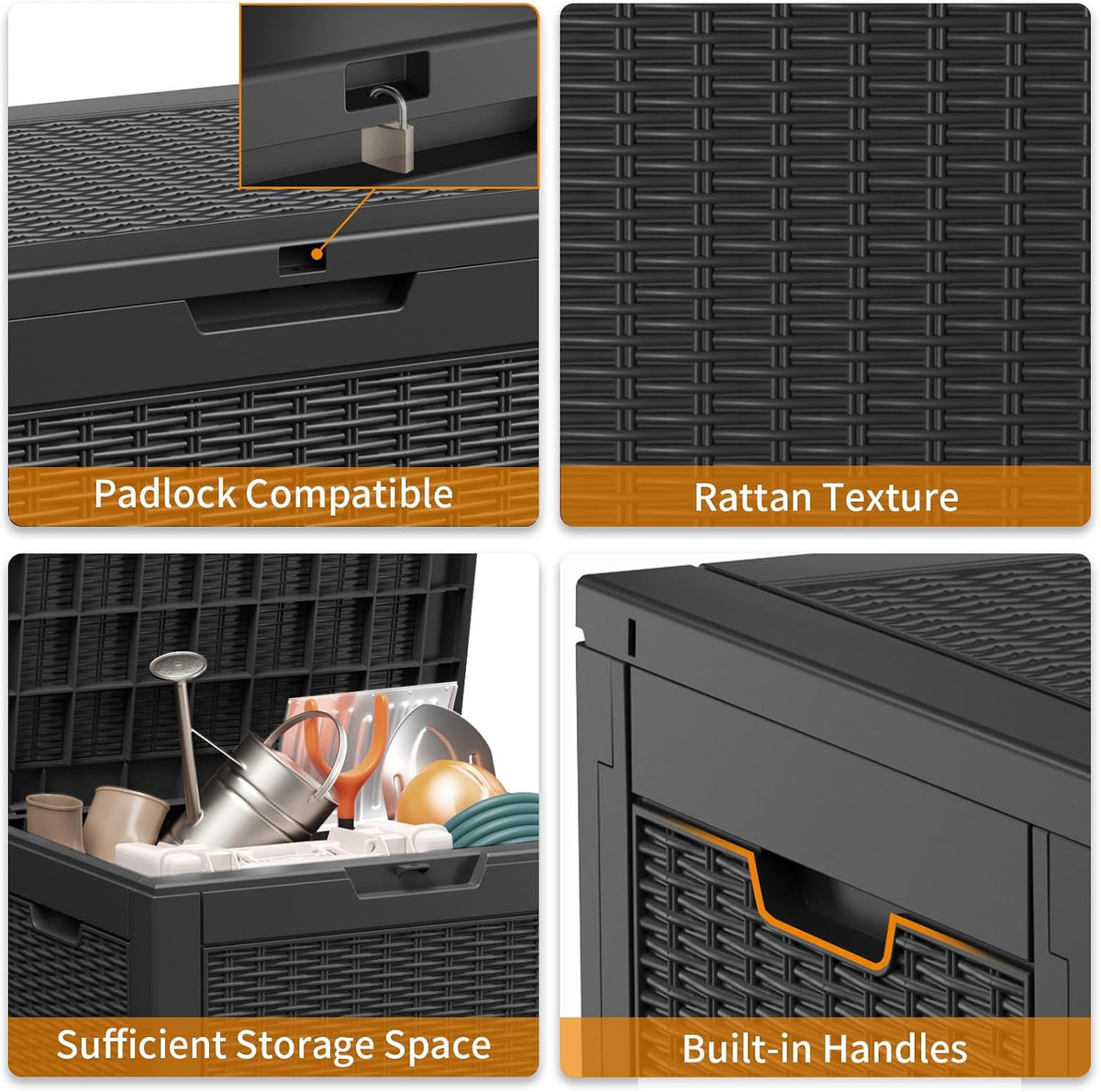 patiozen 30 gallon resin deck box, lockable patio showing dimensions
