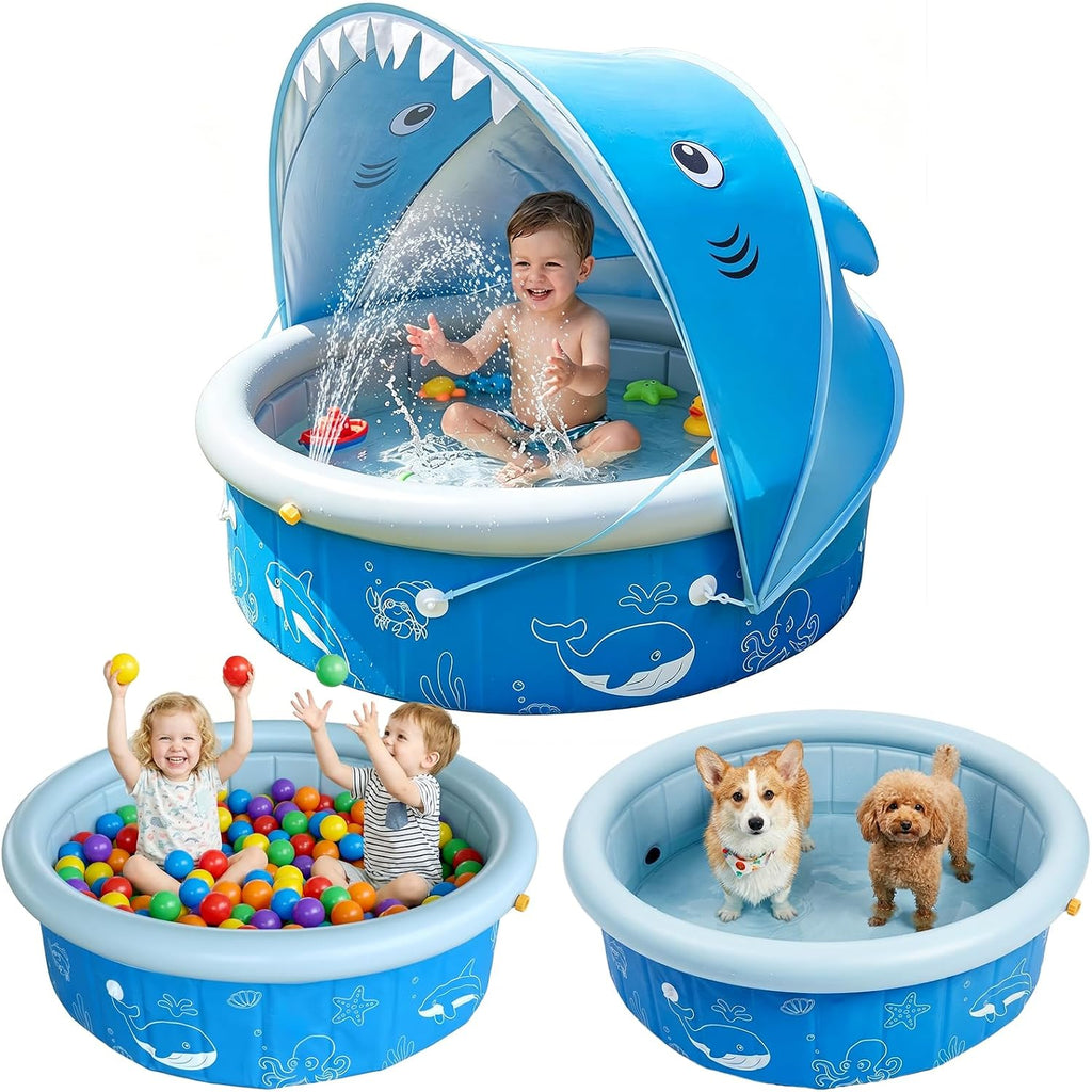 Kiddie Baby Pool with Canopy Sprinkler, 47in Foldable Toddler Pool | Anti-Slip Baby Swimming Pool with Shade, Portable Small Pool & Ball Pit for Kids Age 1-6, Backyard Outdoor Water Play Toy