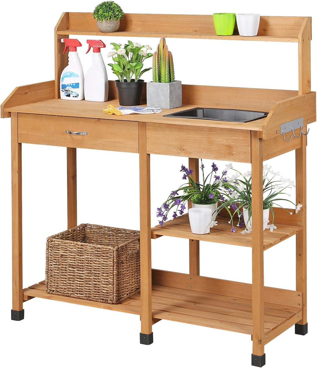 yaheetech potting bench with sink & drawer, outdoor, main product view