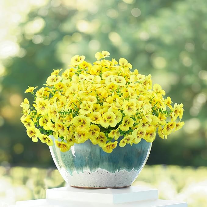 12 Bundles Artificial Pansy Flowers for Outdoor, Faux Silk Pansies Spring Flowers Outside for Planter Front Door Porch Patio Yard Window Box Home Decor (Yellow)