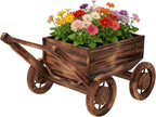 Wooden Flower Cart with Wheels Wooden Wagon Planter Outdoor Garden Planter Decor Planter Kit for Patio Balcony Trolley Decoration Succulent Flower Pot, Indoor Backyard Balcon Decor（Small）