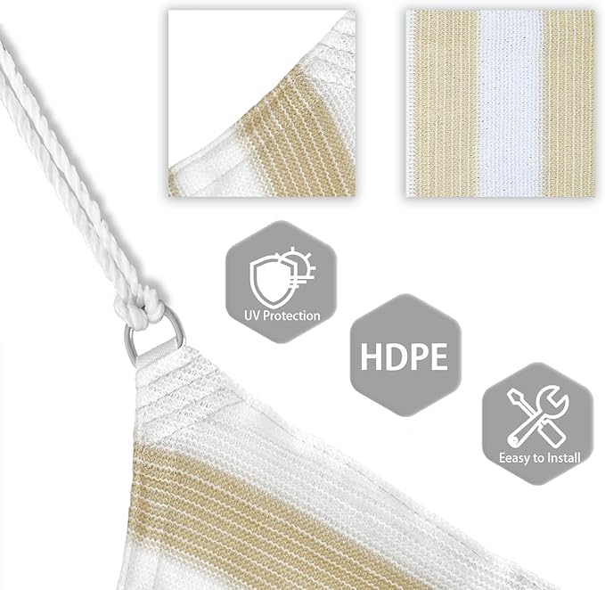 Patio Paradise 22' x 22' x 22' Sun Shade Sail Triangle Canopy Shade Cloth Fabric Sunlight Block Patio Pergola Cover HDPE Deck Awning for Outdoor Backyard Roof Shading, Beige White Strip