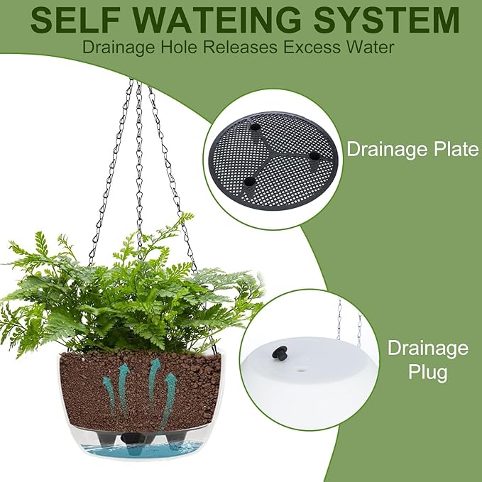 BAYN 2 Packs Solar Hanging Basket Planters for Plants Outdoor, Self Watering Black Flower Plants Pots with Solar Light Drainer for Balcony Patio Garden Outdoor Decoration