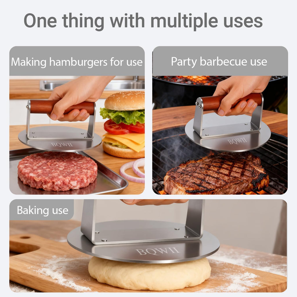 6.3inch Burger Press, Round Stainless Steel Meat Patty Pressing Tool, Suitable for Burger Patties, Steaks, BBQ, Bacon,Baking, Grill Press with Wood Handle