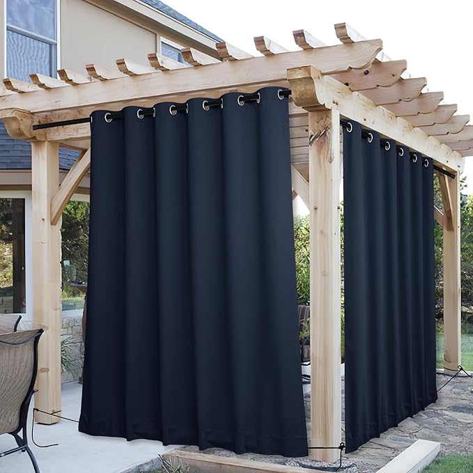 NICETOWN 2 Panels Weighted Blackout Outdoor Curtains for Patio Waterproof, Top & Bottom Grommet & Back Tab Fixed Outdoor Curtains Windproof & Thermal Insulated for Porch, Navy Blue, W84 x L108