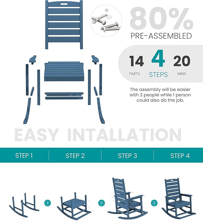 SERWALL Outdoor Rocking Chair Set of 2, Oversized Rocking Chair with Footboard for Adults, HDPE All Weather Resistant Rocking Chairs for Patio, 350lbs Weight Capacity, Navy