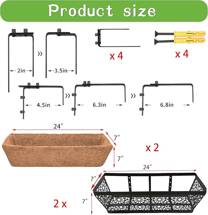 2 Pack 24" Railing Planter Window Box Deck Balcony Rail Planter Black Metal Flower Basket Horse Trough Planters with Coco Fiber Liner for Porch Fence Patio Outdoor