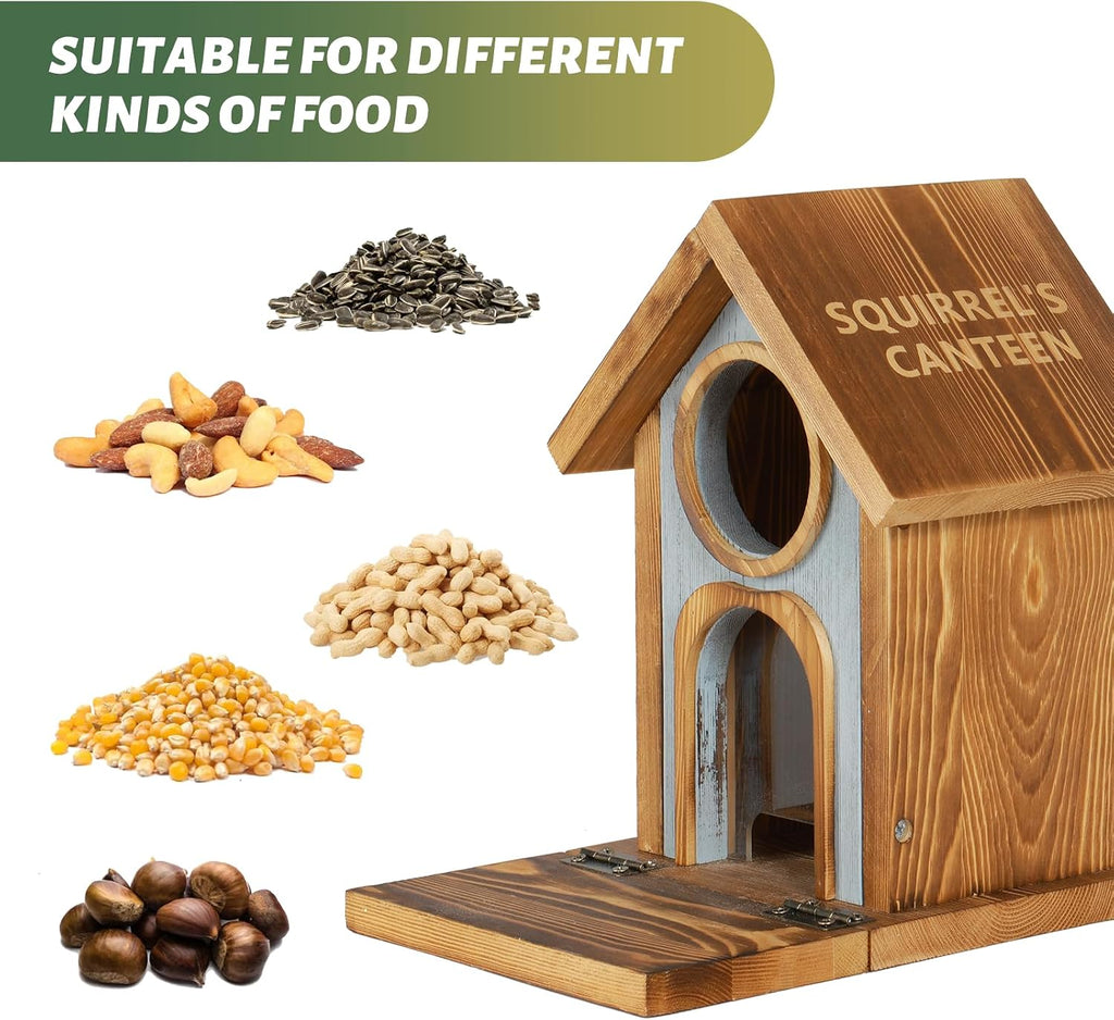 Wooden Squirrel Feeder, Large Capacity Squirrels Feeders for Outside, Sturdy Construction, No Assembly Lovely Chipmunk Feeder for Corn, Peanut, Nuts, Chestnuts (Brown-1pk)