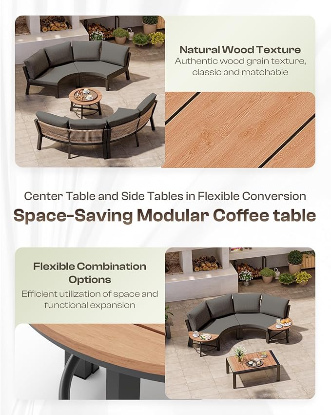 Outdoor Patio Furniture Set, 4 Piece Half-Moon Aluminum Patio Conversation Sets Curved Sofa with PE Rope, All-Weather Outdoor Sectional Sofas with Modular Coffee Table & Cushions, Graphite