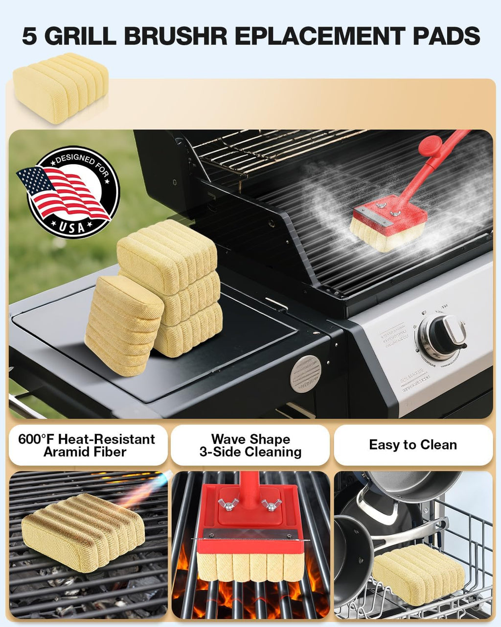 Grill Brush Bristle Free, Safe Non Metal Wire with Scraper 5 Replacement Heads, Steam Grilling Grate Cleaning Tool, Wireless Bbq Cleaner Accessory Kit Set, Outdoor Cast Iron Barbecue/Barbeque Scrubber