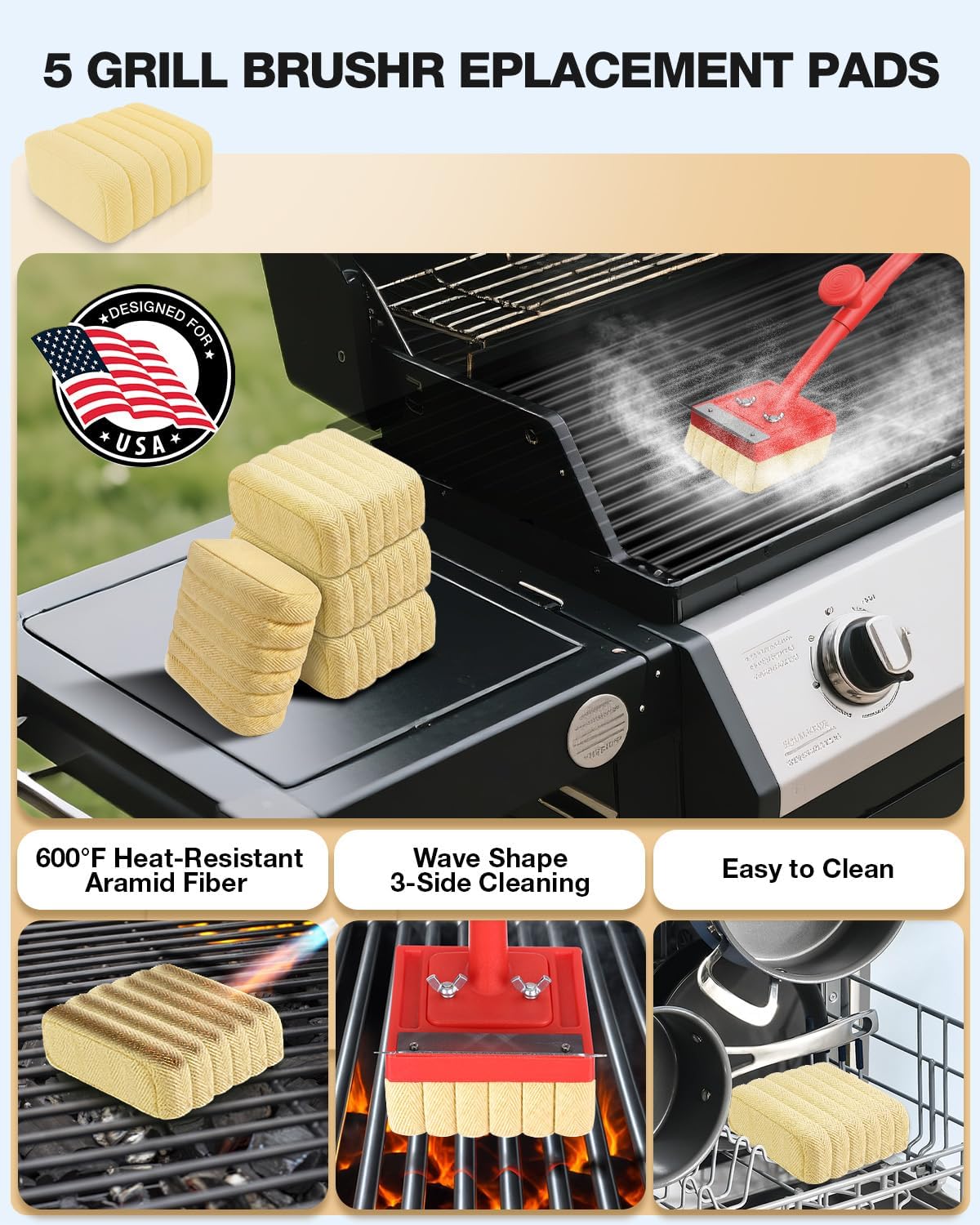 Grill Brush Bristle Free, Safe Non Metal Wire with Scraper 5 Replacement Heads, Steam Grilling Grate Cleaning Tool, Wireless Bbq Cleaner Accessory Kit Set, Outdoor Cast Iron Barbecue/Barbeque Scrubber