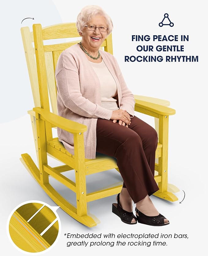 KINGYES HDPE Rocking Chairs Outdoor, Patio Rocking Chairs with 330lbs Support, Smooth Porch Rocker for Deck Lawn Yard, Yellow