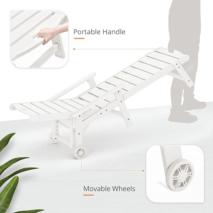 LUE BONA Outdoor Chaise Lounge Chairs Set of 2, HDPS Chaise Lounger, 5 Positions Adjustable Lounge Chairs, Pool Lounge Chair with Wheels for Poolside, 3 Year Warranty, White