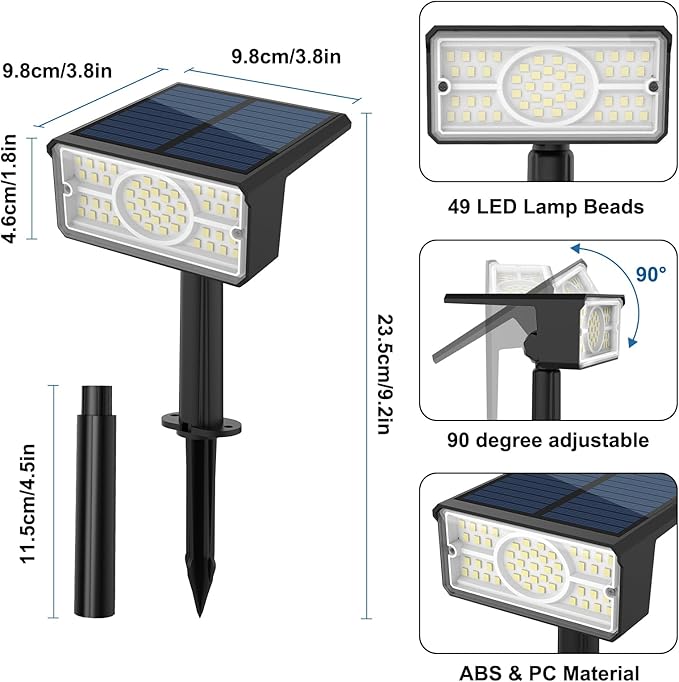 T-SUN Solar Spot Lights Outdoor 4 Pack, 49 LED 2 Lighting Modes, IP65 Waterproof Landscape Spotlights, 2 in 1 Auto On/Off Solar Lights for Yard, Garden, Driveway, Pathway (White)