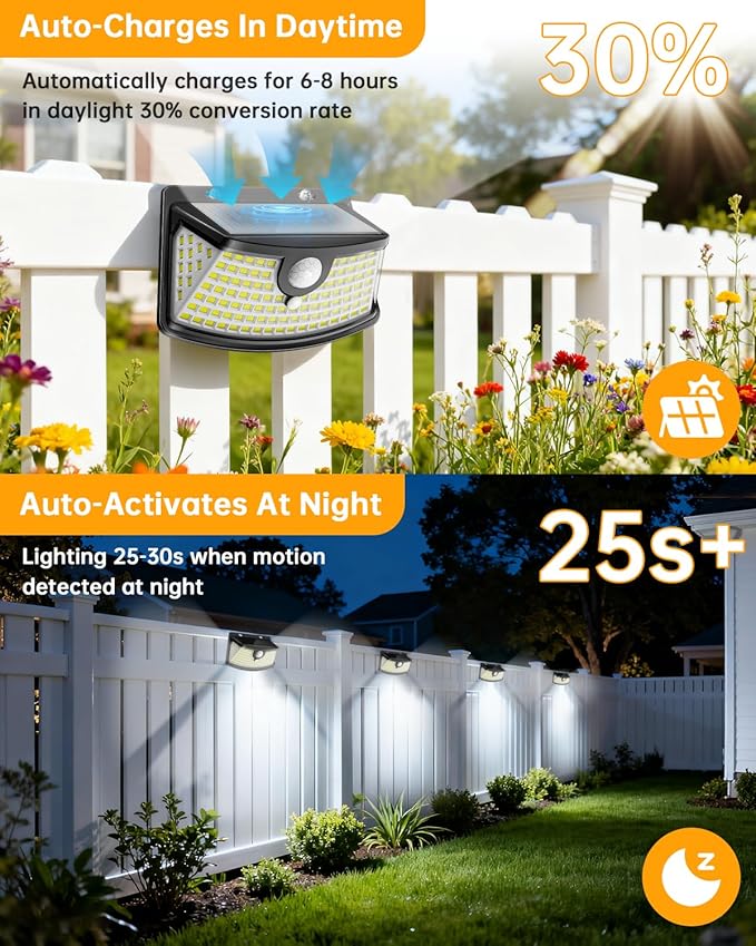 Aootek New Solar Motion Sensor Lights 120 LEDs with Lights Reflector,270° Wide Angle, IP65 Waterproof, Step Lights for Front Door, Yard, Garage, Deck (Black, Daylight White, 8-Pack)