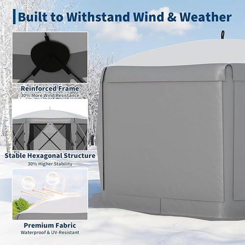 13x13FT 6-Sided Pop Up Gazebo Tent，One-Push Setup Canopy Tent with Removable Canopy Top & Wind Cloths, Outdoor shelter for Camping, Backyard Parties, Outdoor Events - Grey